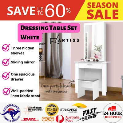 $158.34 • Buy Dressing Table Stool Mirror Makeup Jewellery Wooden Cabinet Drawers Vanity White