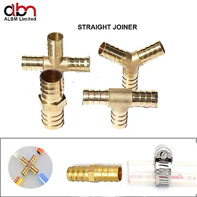 BRASS T X Y STRAIGHT JOINER Various Piece Fuel Hose Gas 2 3 4 Way TEE CONNECTOR • £3.29