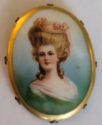 Antique Hand Painted Female Portrait Brooch Gold Porcelain Gilt Brass C.1890  • $69