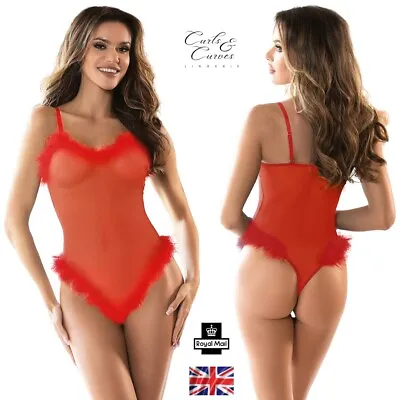 Red Plush Bodysuit Lingerie Elegant Sheer Mesh Bodysuit Furry Trim Lingerie • £18.99