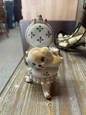 Vintage Ceramic Puppy Miniature Figurin W/ Pink Flower • $12.99