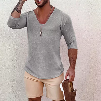 Men Loose Casual Deep V-Neck Short Sleeve Thin Style Mid-Sleeve T-Shirt Top Vest • $21.56