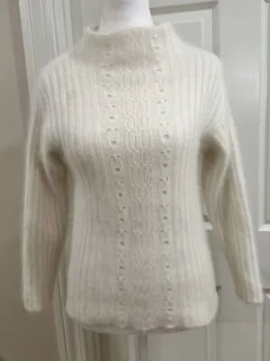 Fuzzy Angora Sweater Pullover Vtg NEWPORT NEWS Cozy Soft White Ribbed Sz M Mock • $59.98