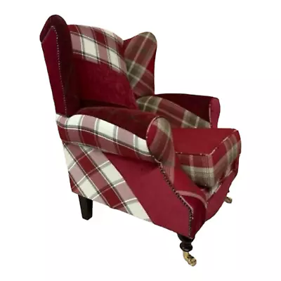 Wing Back Queen Anne Cottage Chair  Red Patchwork Mixture Of Fabrics Dark Legs • £629