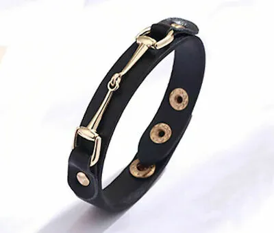 HORSE & WESTERN JEWELLERY JEWELRY  LEATHER SNAFFLE BIT BRACELET BLACK GOLD E • £11.27