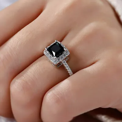 $192.95 • Buy 3 Ct Princess Black Diamond Halo Solitaire Engagement Ring 14K White Gold Finish