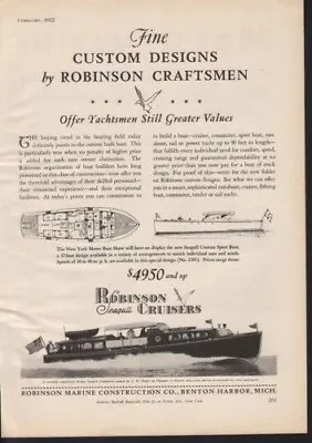 1932 Robinson Seagull Cruiser Marine Sport Boat Yacht Benton Harbor Ad 13564 • $21.95