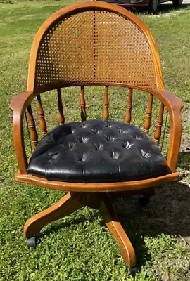 Vtg Bassett Wood Oak Swivel Captain's Desk Chair  Cane Back Office Tufted  Seat • $499.99