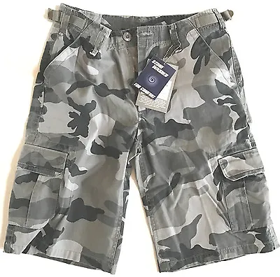 MENS GREY CAMO CARGO SHORTS Gents 100% Cotton Combats Stone Washed Camouflage • £11