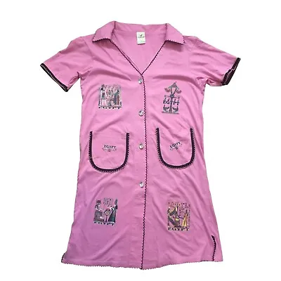 COTTON CLUB Shirt Dress Sz M Pink Egyptian Hieroglyphics Diamante Buttons Jersey • £25