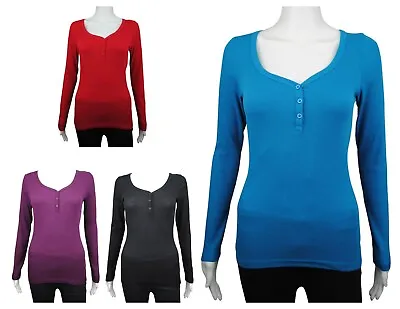 £4.99 • Buy Womens Half Button Long Sleeve Top Ribbed Cotton Stretch Plus Size 6 To 24