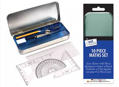 10 PIECE MATHS SET - Pencil Stencil Ruler Compass Square Geometry Protractor • £3.39