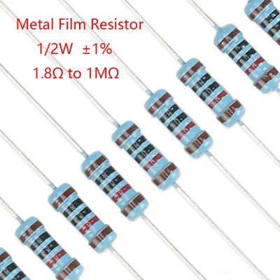 50pcs Metal Film Resistor 1/2W 0.5W Watt ±1% Tolerance 1.8 Ohm 10 Ohm To 1M Ohm • $5.85