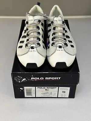 $20 • Buy Ralph Lauren Polo Sport Womens White Navy Runner Sneakers Tennis Shoes Size 7B