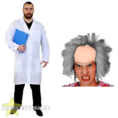 £17.99 • Buy Adults Crazy Scientist Lab Coat Grey Wig Hospital Experiment Fancy Dress Costume