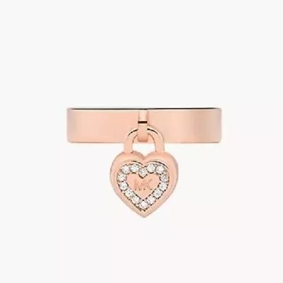 Michael Kors Rose Gold-Tone Heart Lock MK Pave Logo Dangle Charm Ring NWT 8 $65 • $50