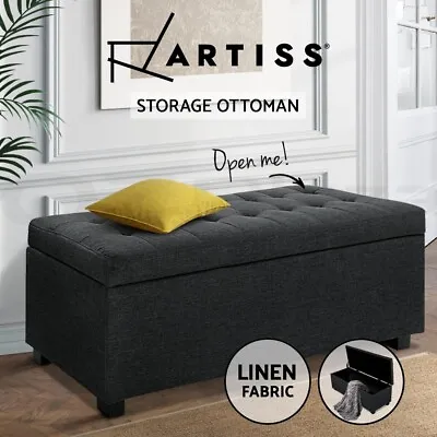 Artiss Storage Ottoman Blanket Box Bench 97cm Linen Chest Foot Stool Charcoal • $109.95