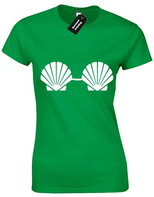 Sea Shell Bra Ladies T Shirt Funny Mermaid Beach Bikini Holiday Sun Novelty Gift • £8.99