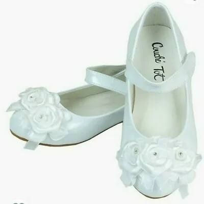 Girls White Ballerina Shoes Flower Front By Couche Tot Christening Wedding Party • £15.99