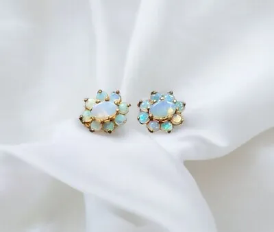 9ct Gold Opal Earrings Cabochon Flower Cluster Stud 9 Carat Yellow Gold • £225