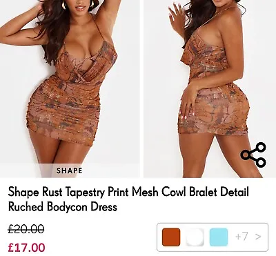 Pretty Little Thing PLT Shape Rust Tapestry Print Mesh Bralet Ruched Dress UK 6 • £10