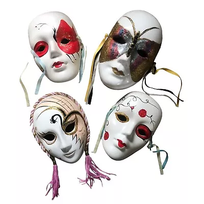 Set Of 4 Drama Glitter Mardi Gras Ceramic Collectible Wall Decor FACE MASKS • $22