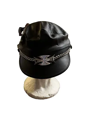 Soft Leather M/C Riding Cap W/Maltese Cross Lace Up Back Made In USA • $29