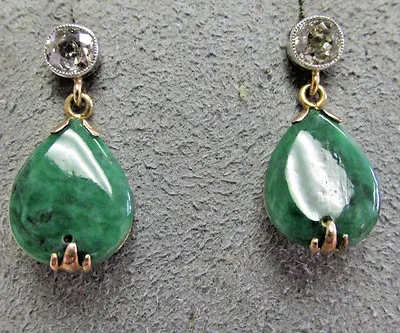  Antique Art Deco Green Jadeite Jade & Mine Cut Diamond Earrings 14k  Make Offer • $2982.25