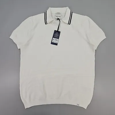 Jack Wills Mens Polo Shirt White Large Tipped Collar Waffle Knit Cotton Top • £21.99