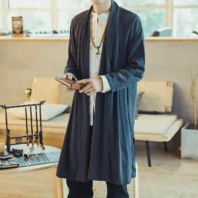 Men Japanese Kimono Coat Jacket Loose Yukata Outwear Long Bathrobe Top Retro • £32.90