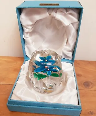 £100 • Buy Strathearn Glass Faceted Blue Flower Paperweight Latticinio Boxed 1975
