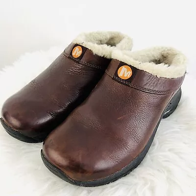 Merrell Primo Chill Brown Leather Sheepskin Air Cushion Fur Lined Clogs ~ Sz 6.5 • $25