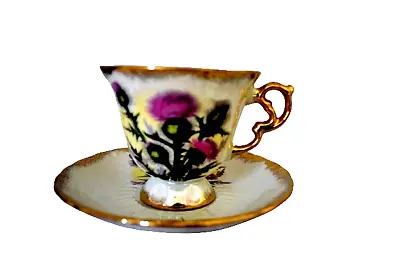 Ucagco JapanThistle Iridescent Footed Teacup And Saucer Gold Trim Vintage • $35.99