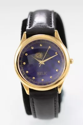 Relic Watch Men Gold Stainless Steel WR Leather Black Battery Moon Blue Quartz • $34.93