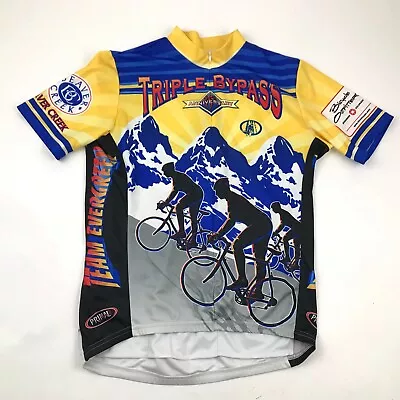 VINTAGE Triple Bypass Cycle Jersey Size Medium M Blue Yellow Shirt 3/4 Zip USA • $38.77