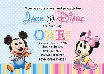 First Birthday Mickey Minnie Twins Baby Birthday Party Invitation • $25