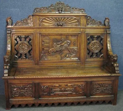 Victorian Carved Oak Bench Or Settle Depicting Richard The 1st • £995