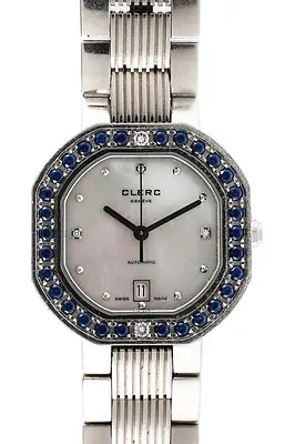 $1845.01 • Buy Clerc Stainless Steel Mother Of Pearl Face Diamond Accent Sapphire Wrist Watch