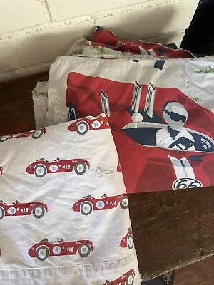Vintage Pottery Barn Kids TWIN Duvet Cover & Flat Sheet Race Cars Red Blue Gray • $28