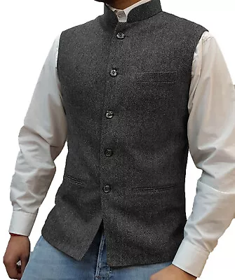 Mens Tweed Vests Stand Collar Waistcoats Herringbone Vintage Retro For Wedding + • $39.59