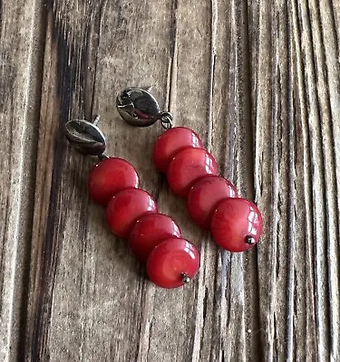 Jay King Red Bamboo Coral Dangle Earrings Sterling Silver • $34