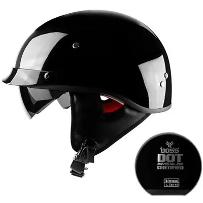 DOT Retro Motorcycle Half Helmet Scooter Helmet Integrated Sun Visor Gloss Black • $68.88