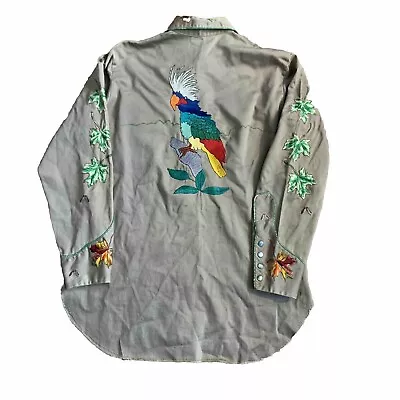 VTG. Dorothy Brown Custom Western Pearl Snap Shirt Cockatoo Leaves Embroidered • $39.95