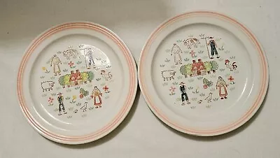 Vtg Stoneware Set Of 2 Salad Plates 7-5/8  COUNTRY DAY Farmer Cow Chicken MIJ • $12.94