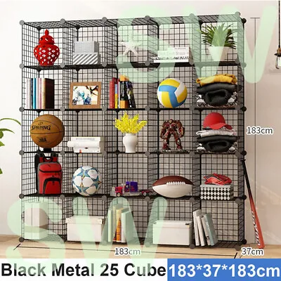 25 Cube DIY Storage Cabinet Metal Wire Mesh Shelf Organiser Bookcase Rack Black • $127.99