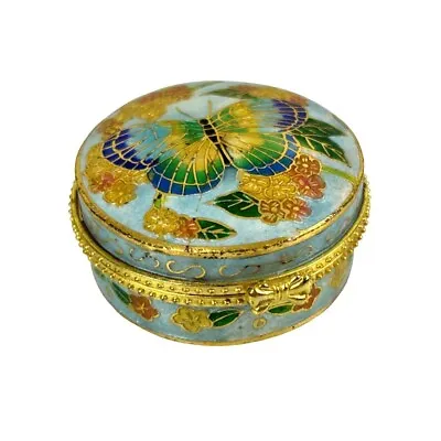 Vintage Cloisonne Trinket Box Butterfly Enamel Round Hinged Pretty Metal Tin Box • $18.88