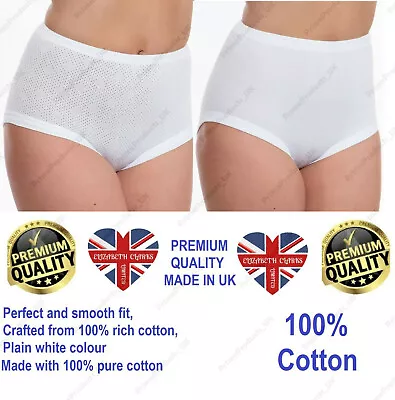 6 X PAIRS LADIES WOMEN 100% COTTON INTERLOCK CUFF LEG BRIEFS WHITE  (Made In UK) • £16.99