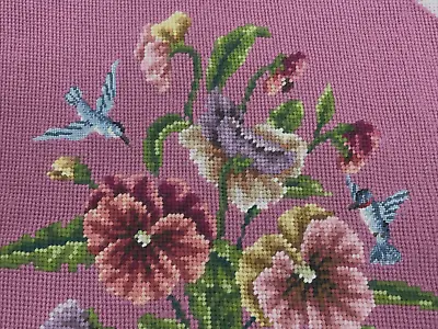 Vtg Finished Needlepoint HUMMINGBIRDS Pillow Chair Seat Cover Pink Floral Pansy • $69.99
