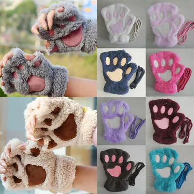 $4.50 • Buy Women Girl Cute Cat Claw Bear Paw Gloves Warm Plush Cashmere Half-finger Mittens