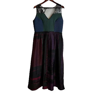 Anthropologie Niki Mahajan Size 14 Silk Montage Midi Dress Mixed Print Lace • $89